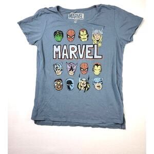 Women's Marvel T Shirts Medium 100% Cotton Cartoon Faces On Front Blue Shirt